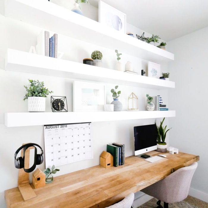 How to decorate floating shelves in office