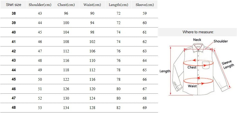 Mens fitted dress shirts size chart